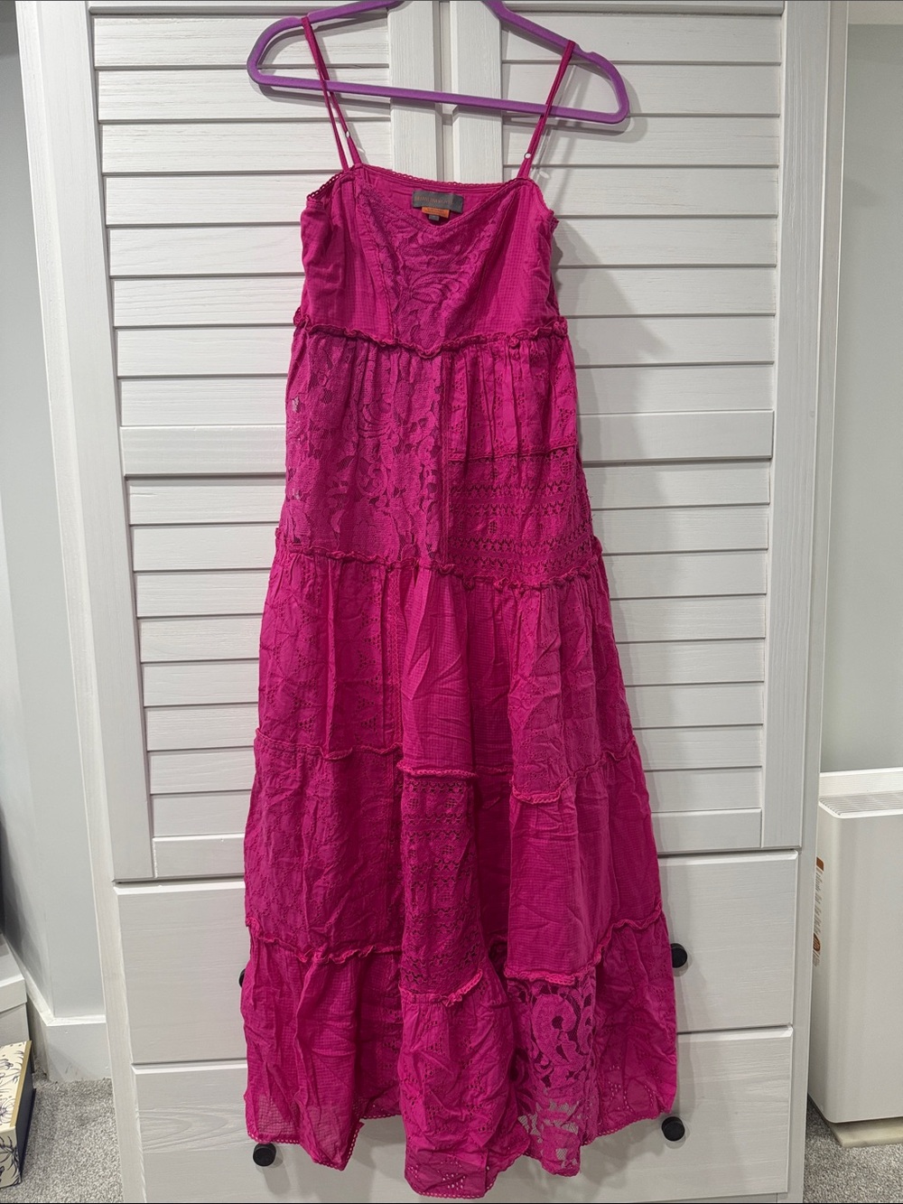 Womens Fuchsia Lace-Tier Maxi Dress with Spaghetti Straps